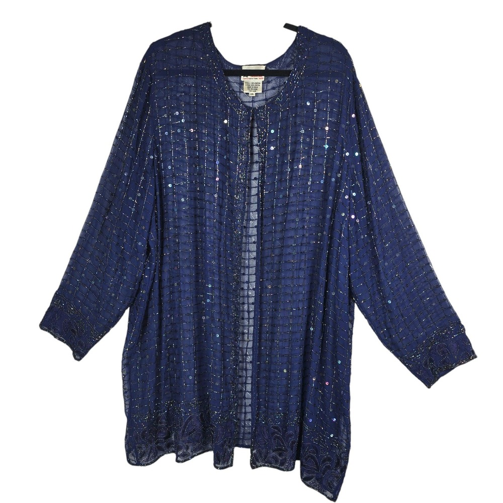 Gunit Fashions Navy Blue‎ Beaded Sequin Open Front Duster Jacket Plus Size 4X